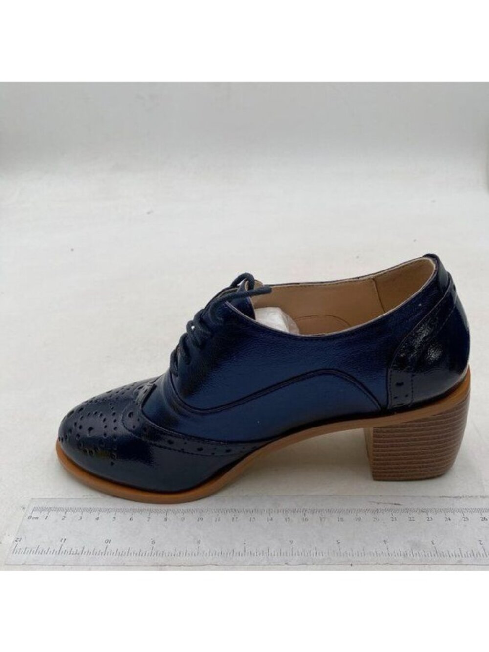 FOWT Midnight Blue Perforated Lace-Up Oxfords Almond Toe Chunky Heel Shoes